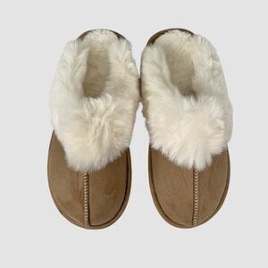 NEW Thick Faux Fur Faux Suede Fuzzy Tan Brown White Soft Slipper US 7 - 8